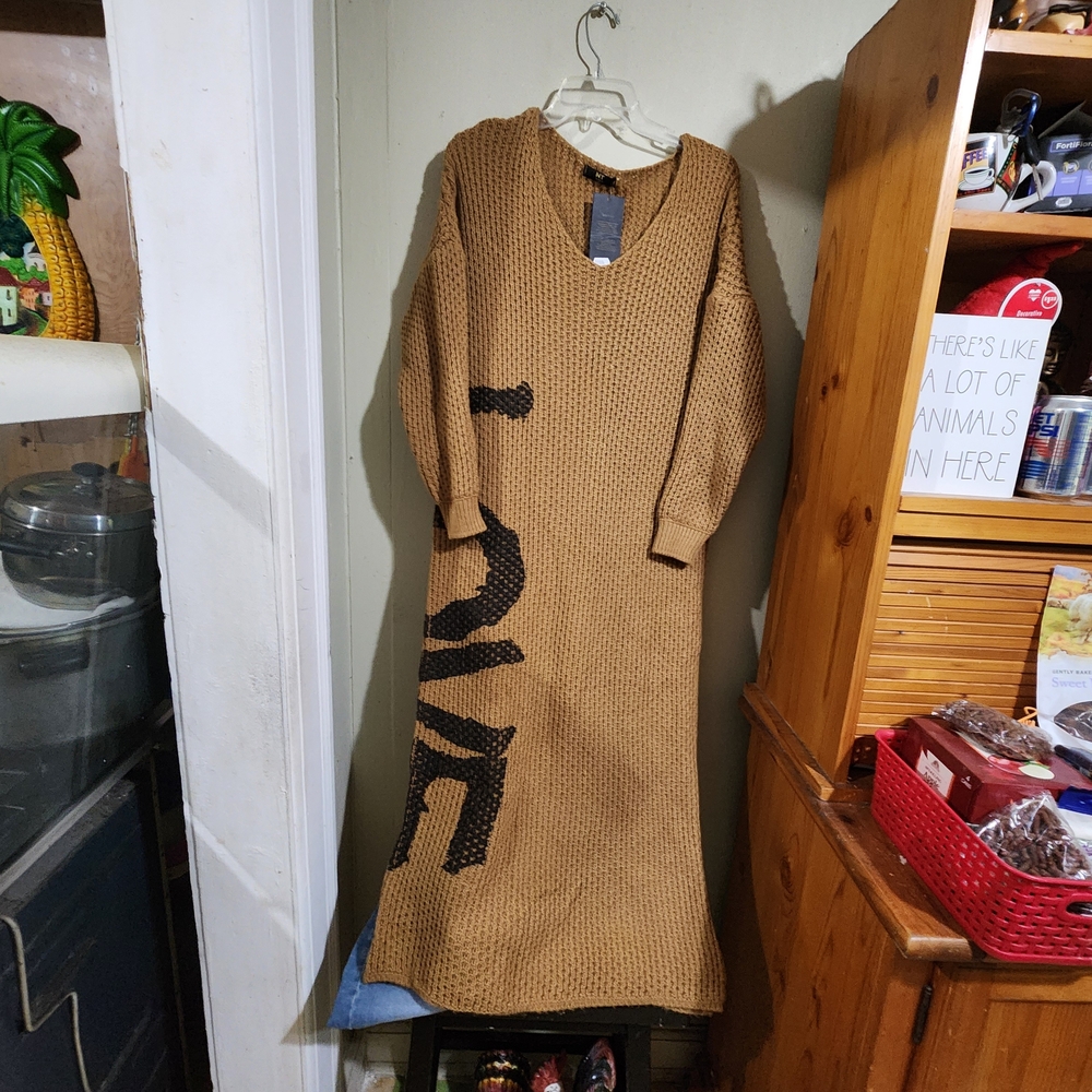 Elegant Tan Knit Long Sleeve Dress